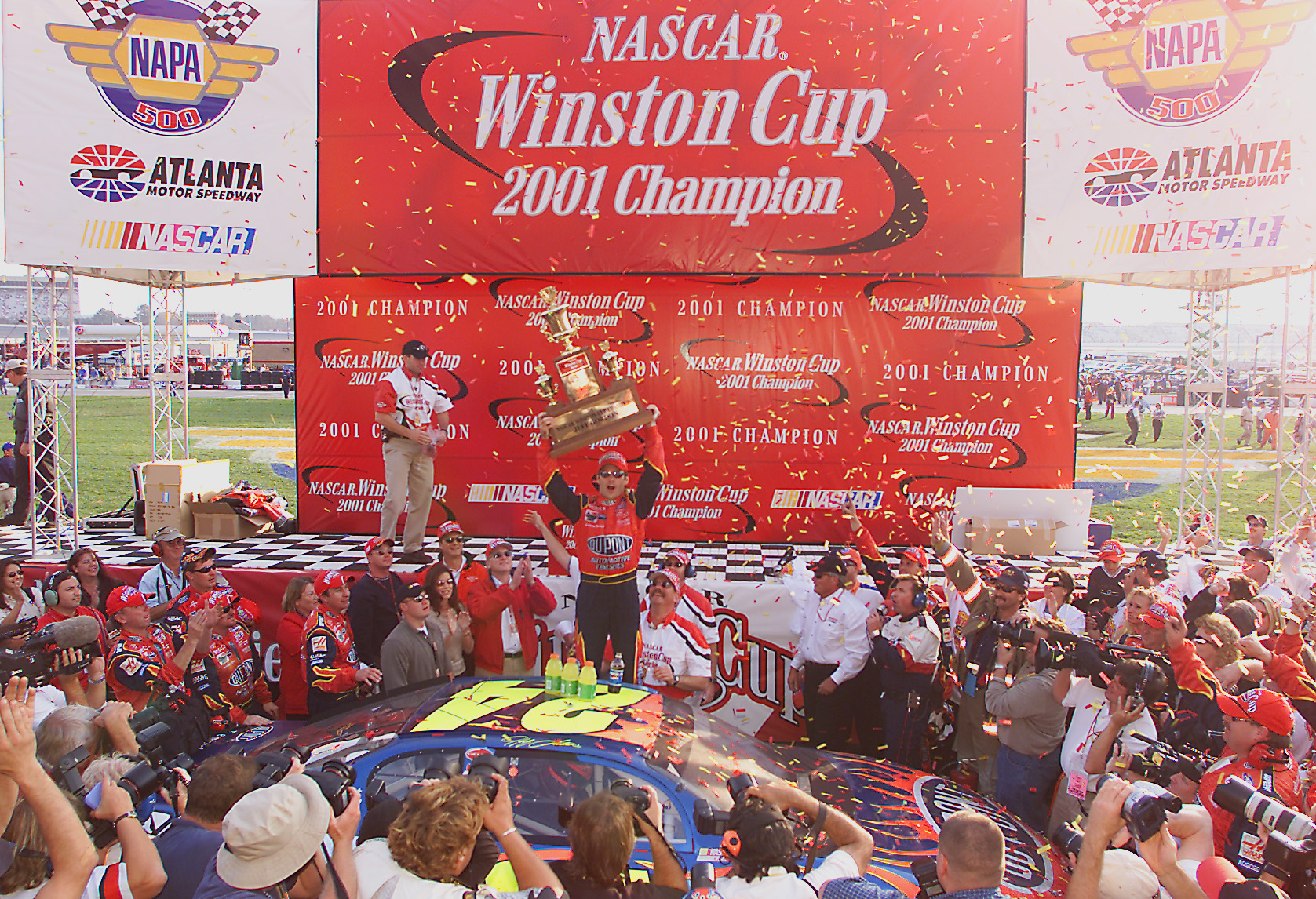 18 Nov 2001: Jeff Gordon celebrates winning the championship at the NASCAR Winston Cup NAPA 500 at the Atlanta Motor Speedway in Hampton, Georgia. Digital Image. Mandatory Credit: Jamie Squire/ALLSPORT