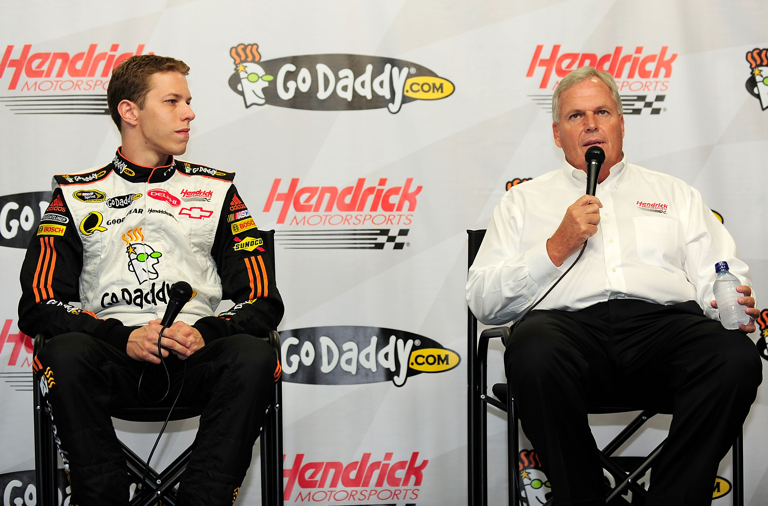 CONCORD, NC - SEPTEMBER 23: Brad Keselowski and Rick Hendrick speak with the media to announce Keselowski will make his Sprint Cup debut Oct 11, at Lowes Motor Speedway in the Hendrick Motorsport #25 during NASCAR Sprint Cup testing at Lowes Motor Speedway on September 23, 2008 in Concord, North Carolina. (Photo by Rusty Jarrett/Getty Images) | Getty Images
