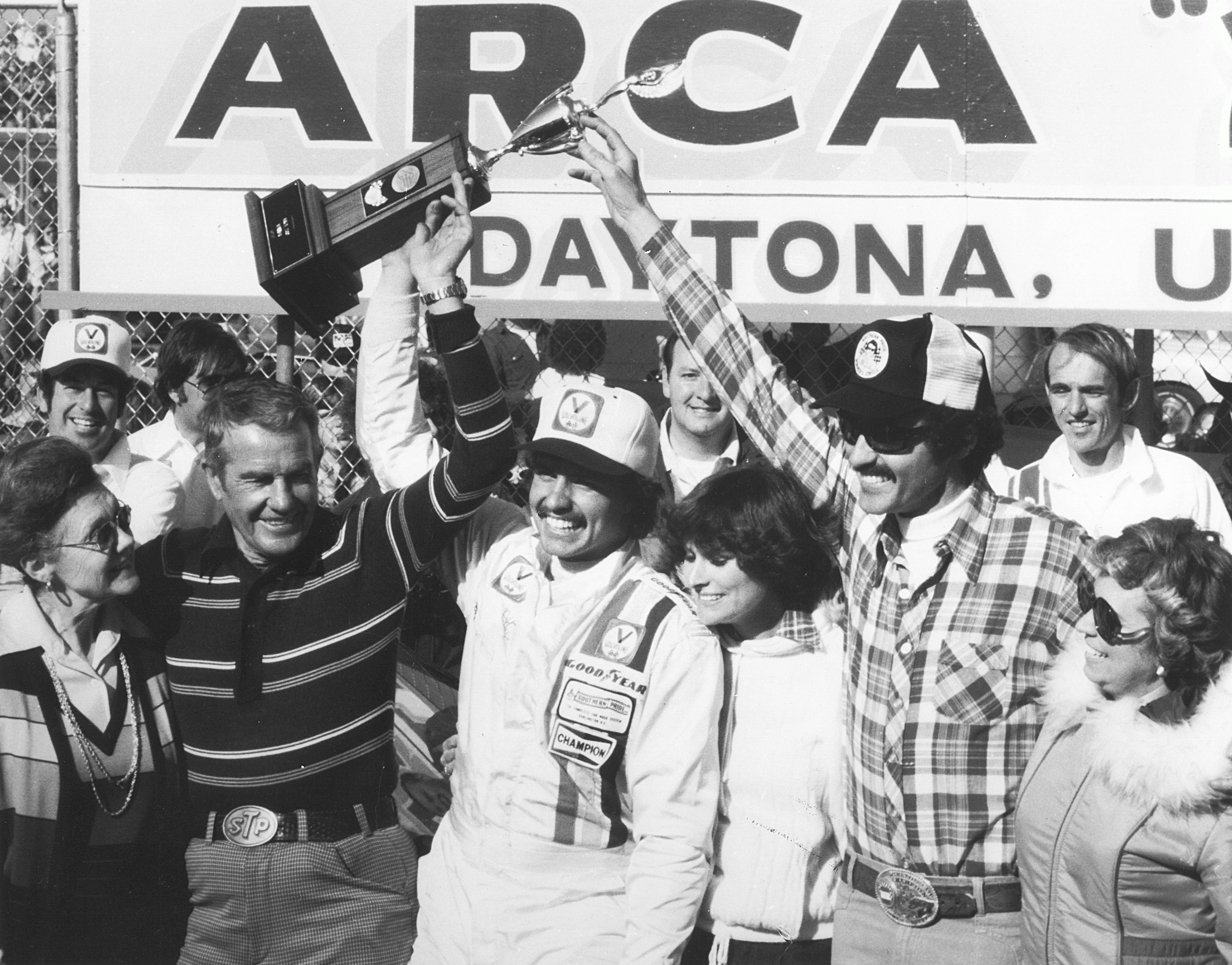 DAYTONA BEACH, FL - FEBRUARY 11, 1979: Kyle Petty in victory lane with his wife after winning the ARCA race at Daytona, his first-ever win. To Kyle