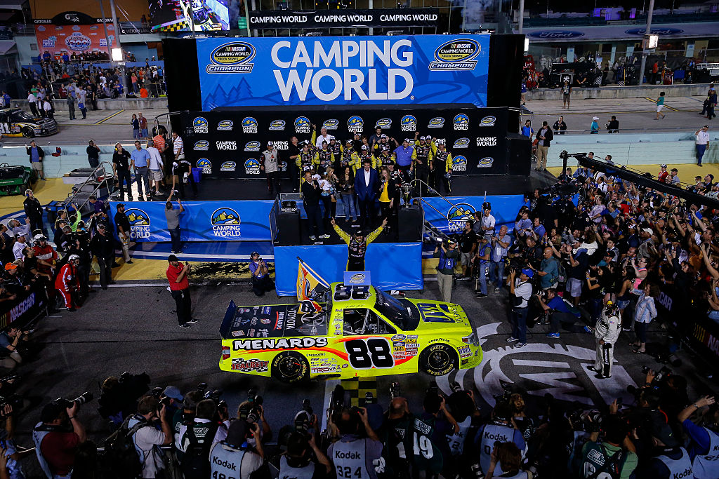 HOMESTEAD, FL - NOVEMBER 14: Matt Crafton, driver of the #88 Jeld-Wen/Menards Toyota celebrates in victory lane after winning during the NASCAR Camping World Truck Series Ford EcoBoost 200 at Homestead-Miami Speedway on November 14, 2014 in Homestead, Florida.