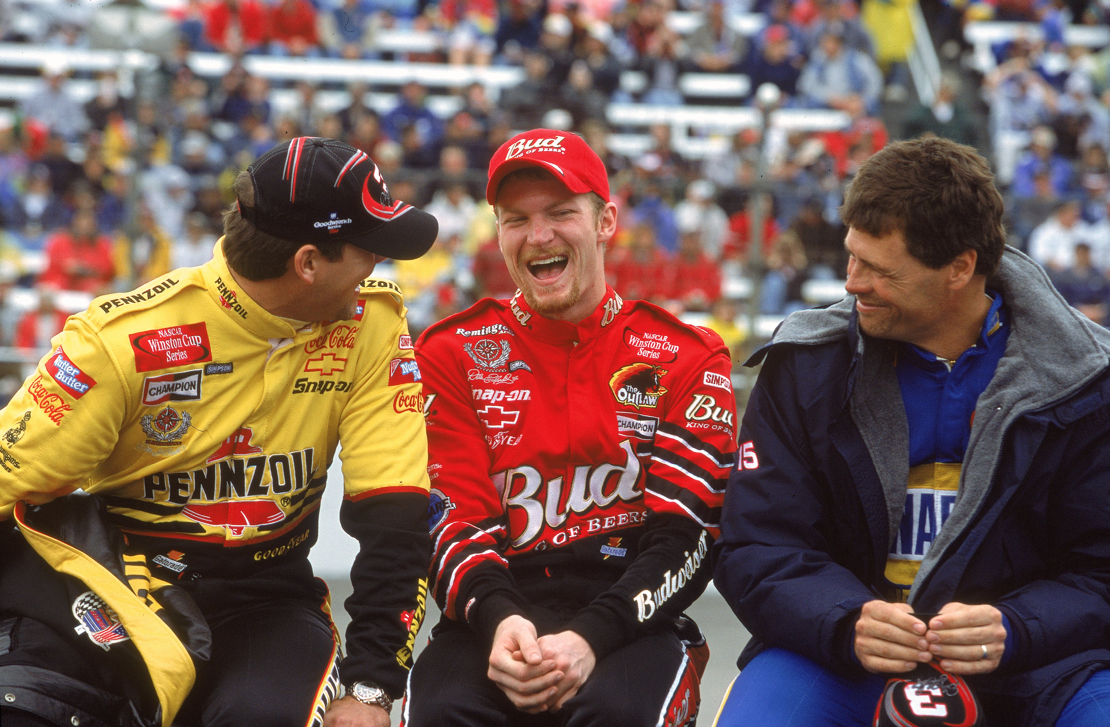 23 Feb 2001: Steve Park,Dale Earnhardt Jr and Michael Waltrip sit and laugh during the Dura Lube 400, part of the Winston Cup Series at the North Carolina Speedway in Rockingham, North Carolina.Mandatory Credit: Donald Miralle /Allsport