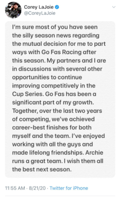Corey LaJoie leaving Hotfoot Fas Racing at season’s end